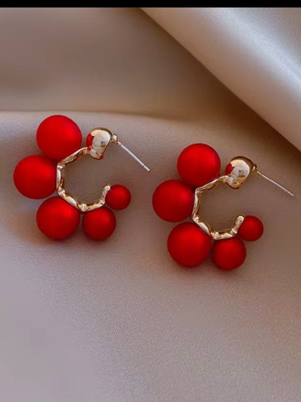 Gold Hoop Earrings with Red Bead Clusters